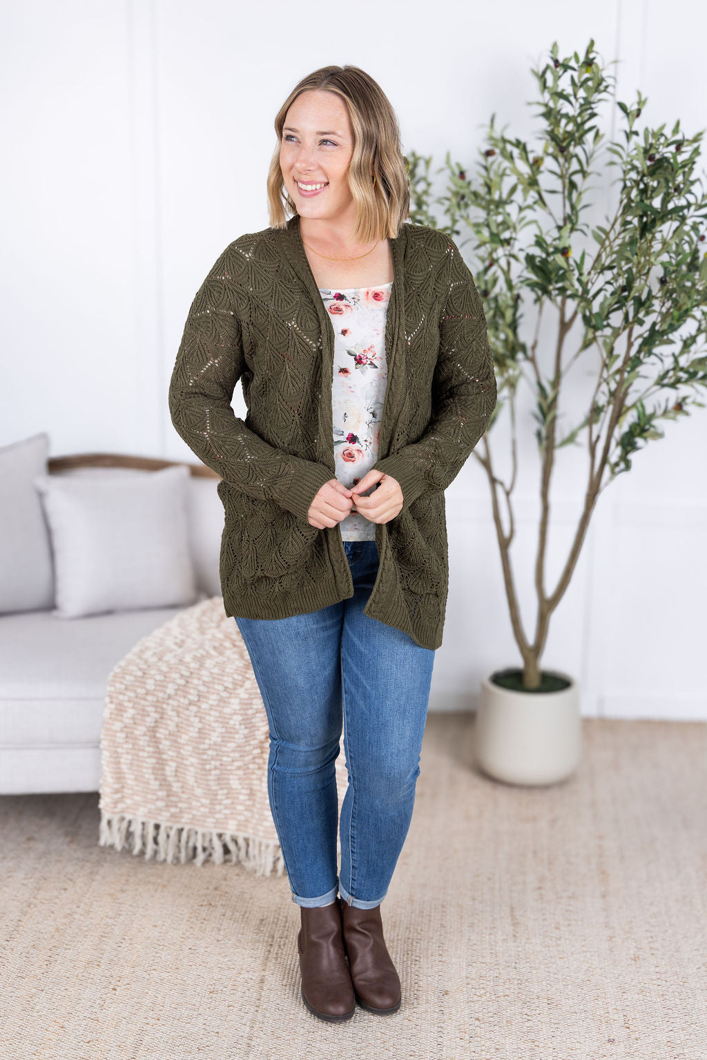 Open Knit Cardigan - Olive